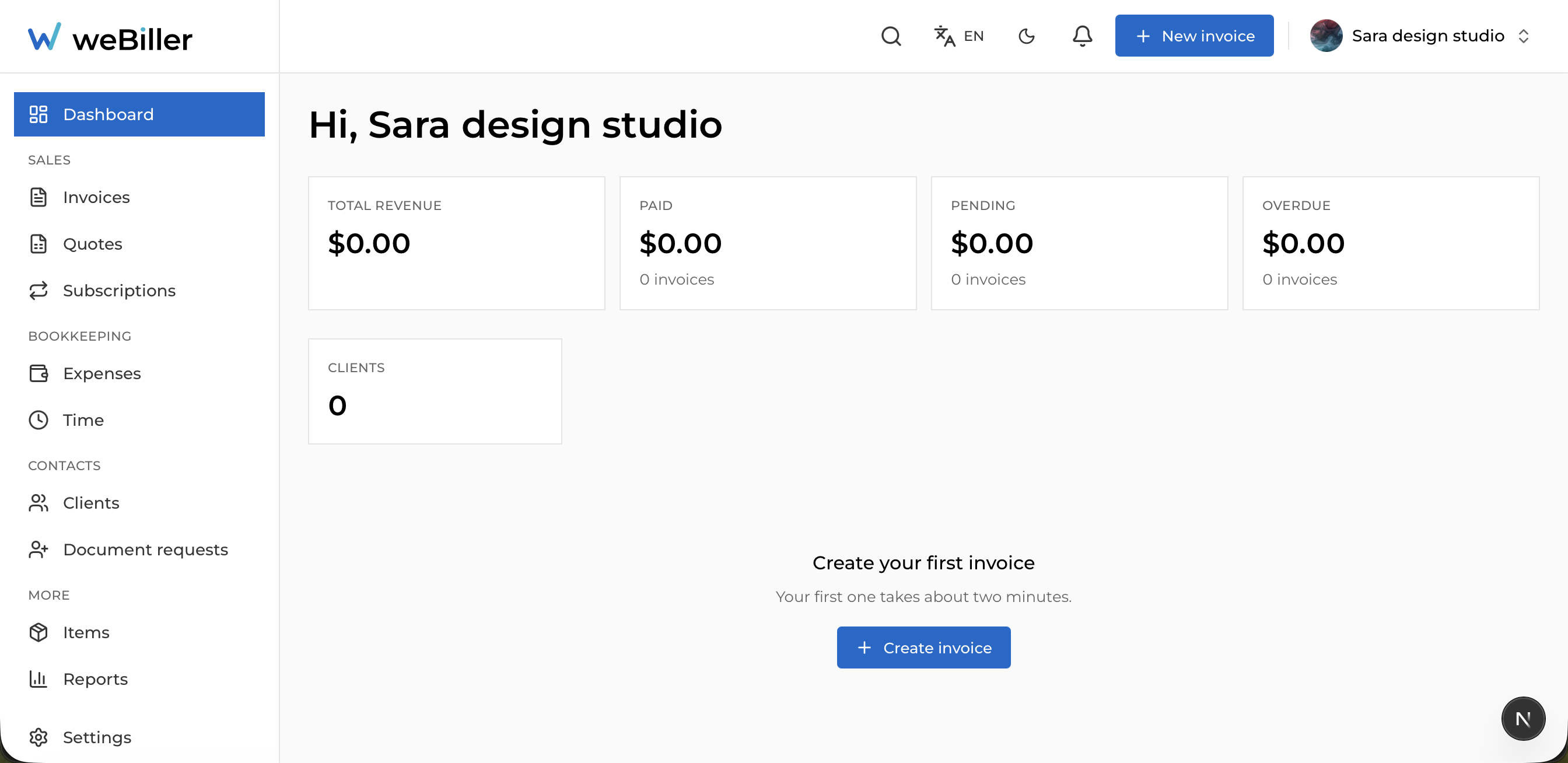 The weBiller web app with the left sidebar, top bar, and dashboard content.
