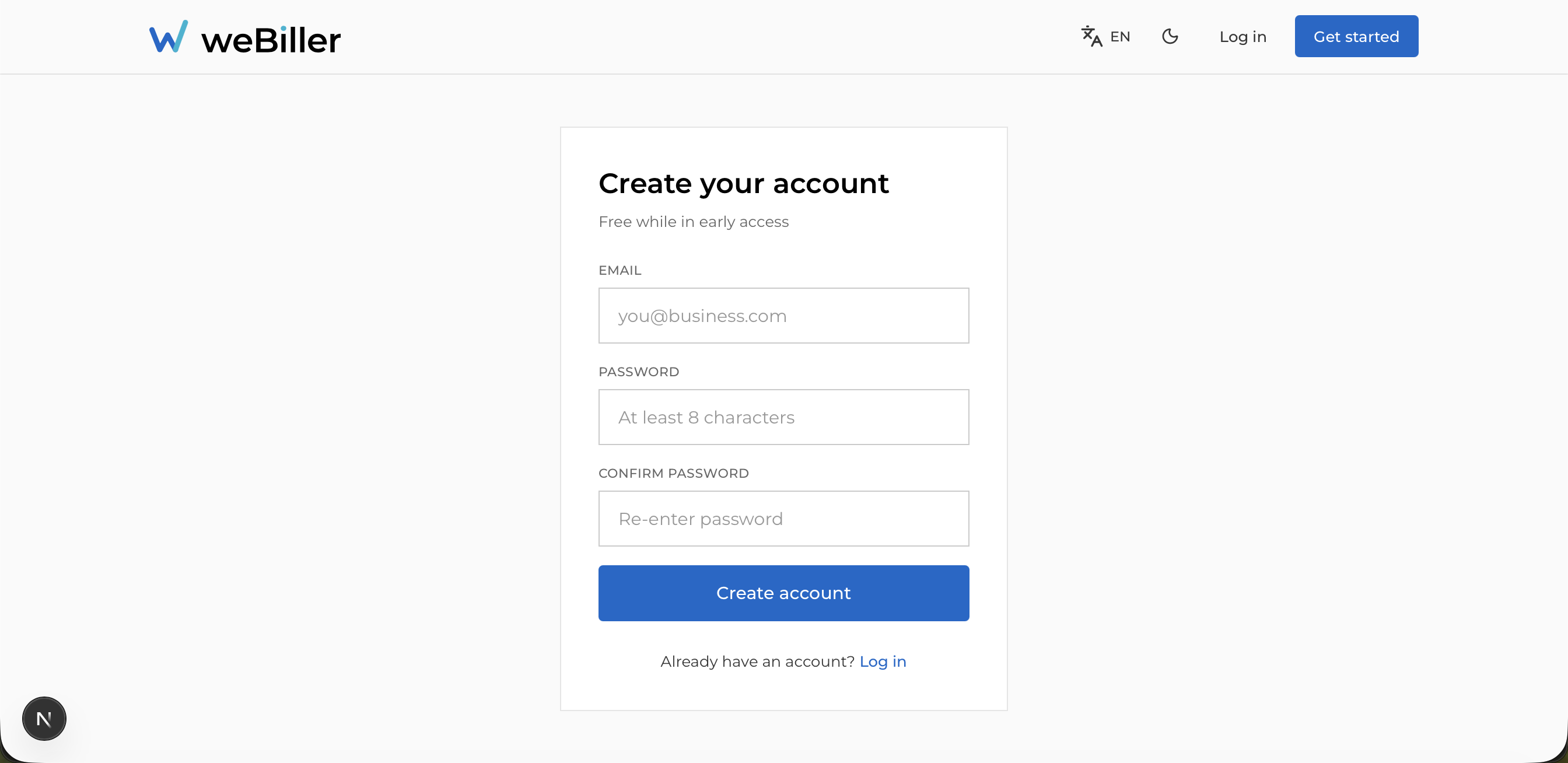 The weBiller sign-up screen with email, password, and confirm-password fields.