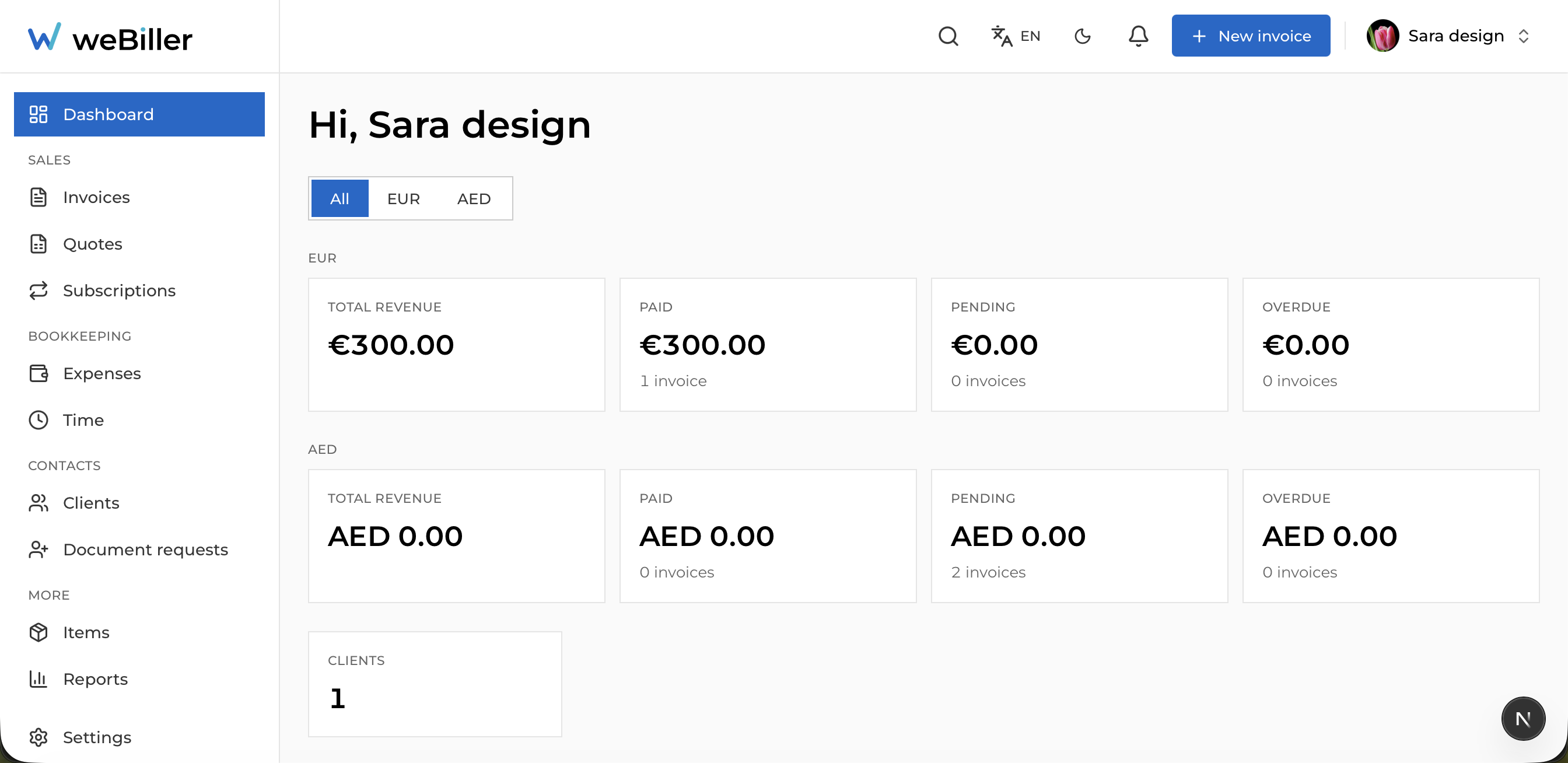 The dashboard with stat cards for revenue, paid, pending, and overdue, plus a recent activity feed.