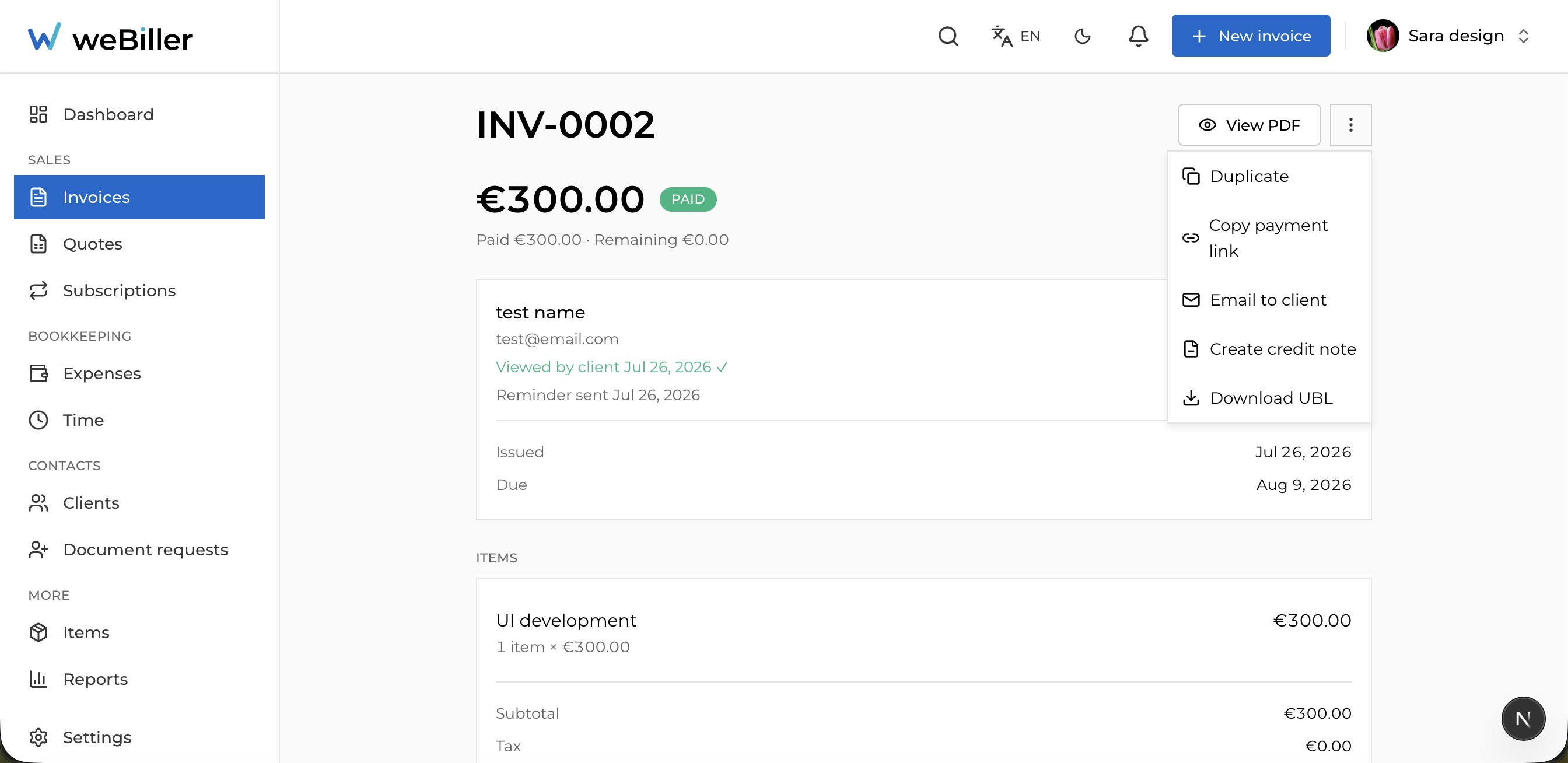 An invoice detail page showing status, amount, client card, line items, and a More menu.