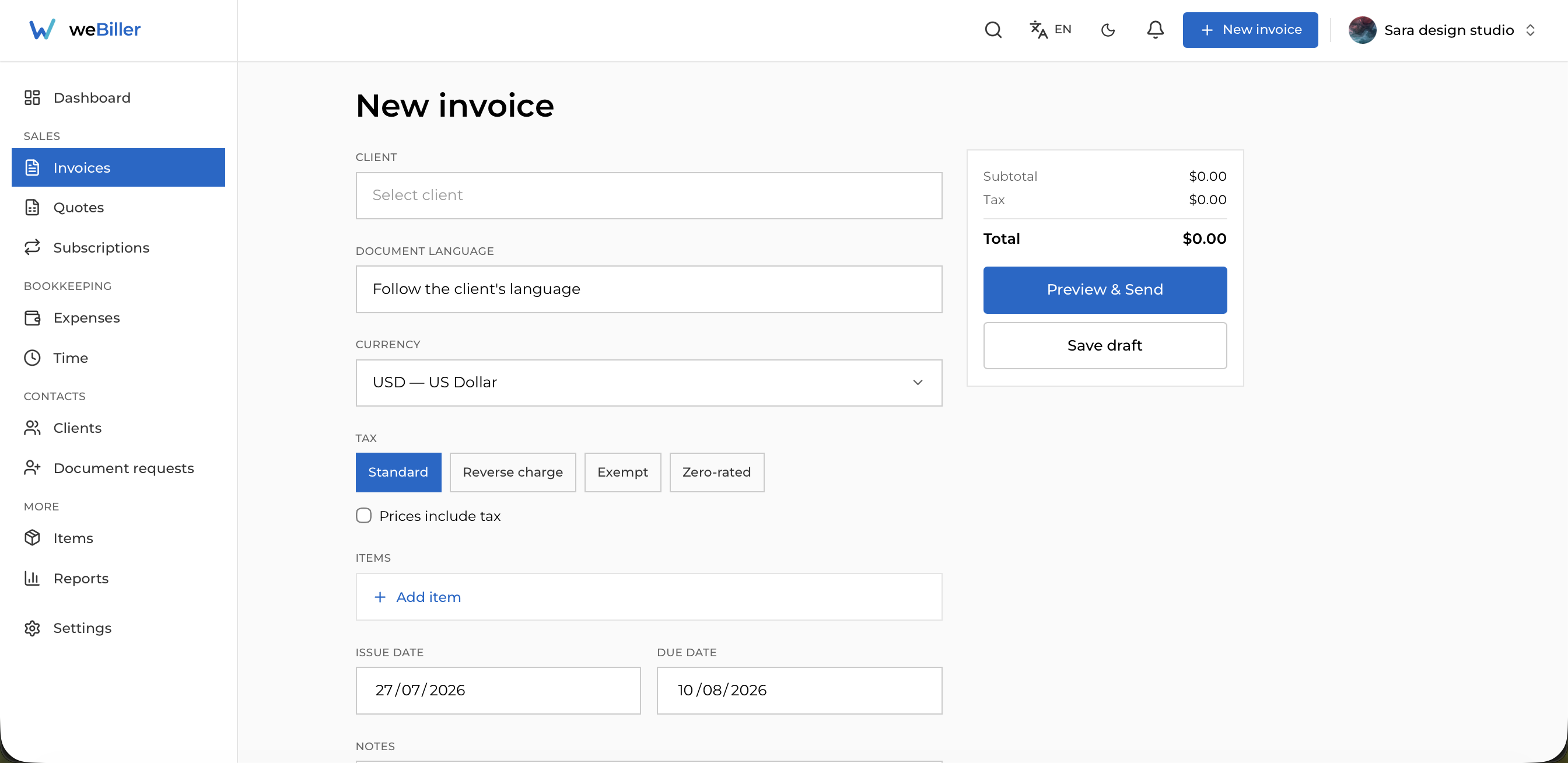 The invoice builder with client picker, line items, dates, and a sticky totals card.