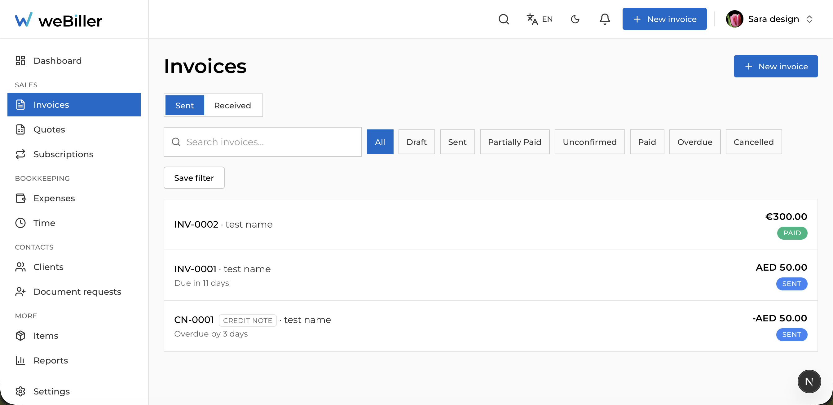 The invoices list with the Sent/Received toggle, search, and status filter chips.