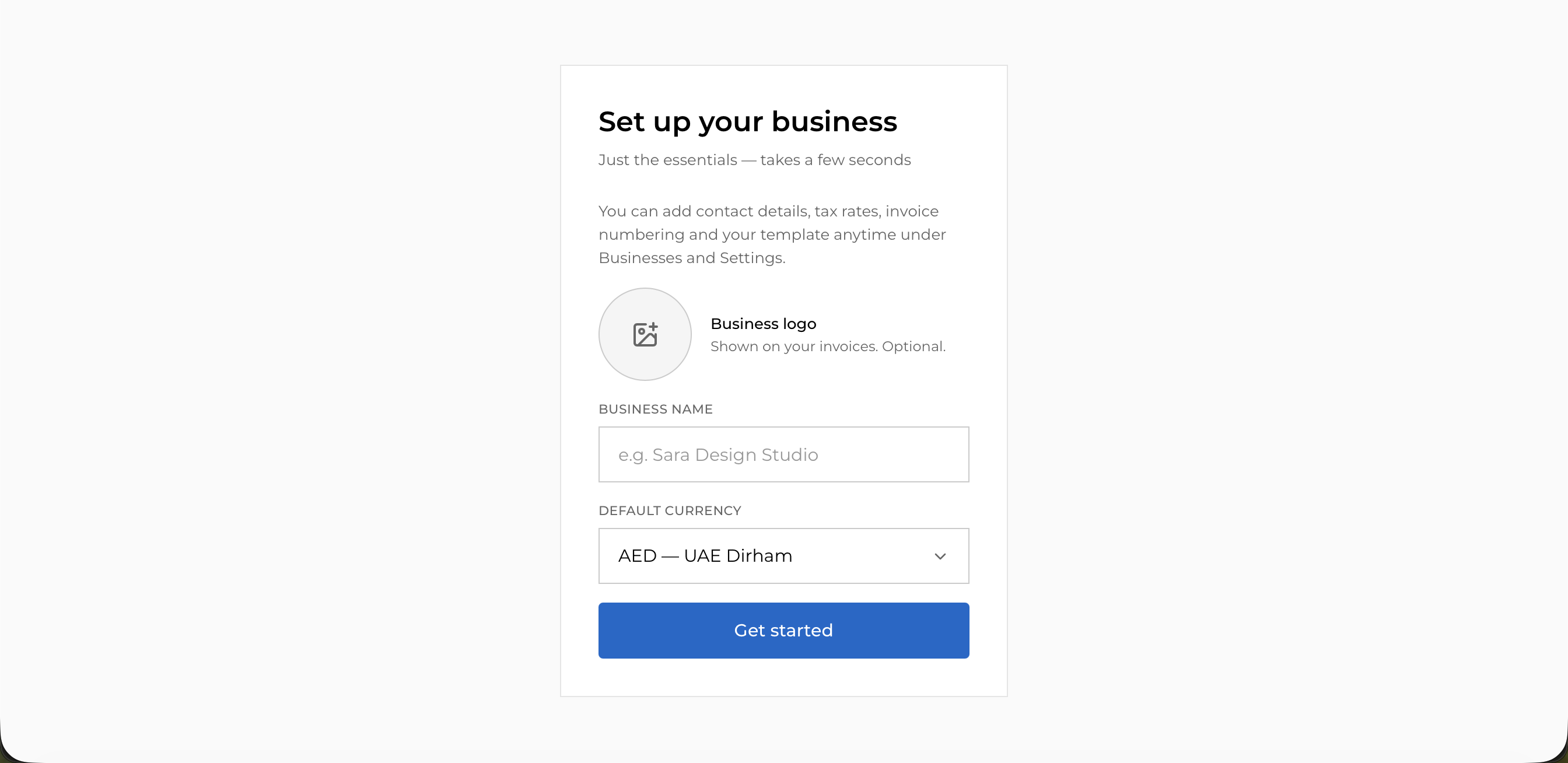 The one-screen onboarding form with logo upload, business name, and default currency.
